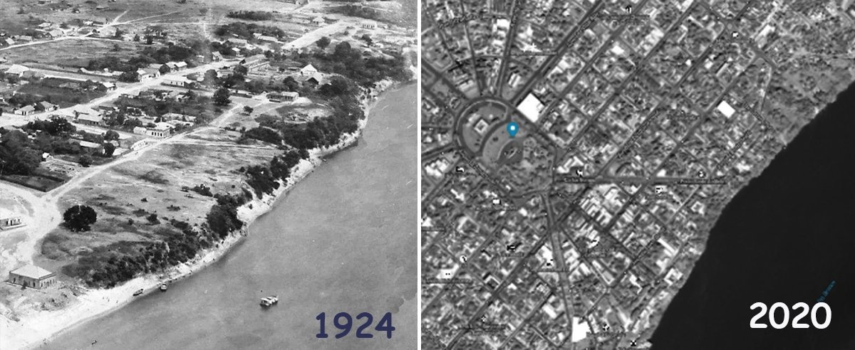 Primeira foto aérea de Boa Vista, feita em 1924, e foto feita hoje, por satélite, mostram o tanto que a cidade cresceu Esquerda: equipe de Hamilton Rice; direita: Google Maps